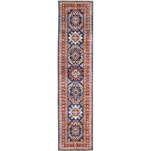 2'6"x11' Hand Knotted Navy Blue Afghan Super Kazak with Bold Colors Soft and Pliable Wool Oriental Runner Rug FWR368736