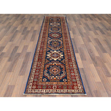 Load image into Gallery viewer, 2&#39;6&quot;x11&#39; Hand Knotted Navy Blue Afghan Super Kazak with Bold Colors Soft and Pliable Wool Oriental Runner Rug FWR368736