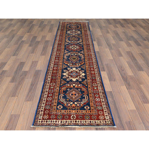 2'6"x11' Hand Knotted Navy Blue Afghan Super Kazak with Bold Colors Soft and Pliable Wool Oriental Runner Rug FWR368736