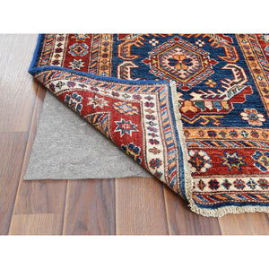 2'6"x11' Hand Knotted Navy Blue Afghan Super Kazak with Bold Colors Soft and Pliable Wool Oriental Runner Rug FWR368736