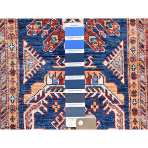2'6"x11' Hand Knotted Navy Blue Afghan Super Kazak with Bold Colors Soft and Pliable Wool Oriental Runner Rug FWR368736