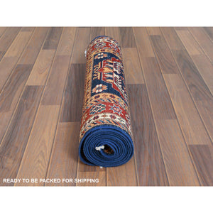 2'6"x11' Hand Knotted Navy Blue Afghan Super Kazak with Bold Colors Soft and Pliable Wool Oriental Runner Rug FWR368736