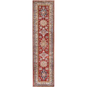 2'6"x10' Soft, Velvety Plush Wool Hand Knotted Rich Red Afghan Super Kazak with Serrated Medallions Design Oriental Runner Rug FWR368766