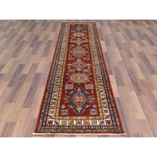 Load image into Gallery viewer, 2&#39;6&quot;x10&#39; Soft, Velvety Plush Wool Hand Knotted Rich Red Afghan Super Kazak with Serrated Medallions Design Oriental Runner Rug FWR368766