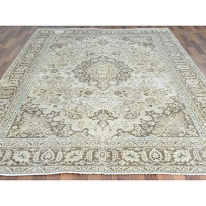 7'7"x10'1" Ivory, Hand Knotted, Vintage Persian Kashan with All Over Design, Distressed Look, Worn Wool, Oriental Rug FWR369018