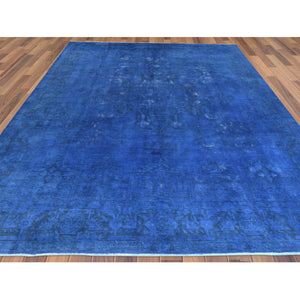 9'6"x12'10" Hand Knotted Denim Blue Vintage Overdyed Persian Tabriz Distressed Worn Wool Shaved Down Oriental Rug FWR369072