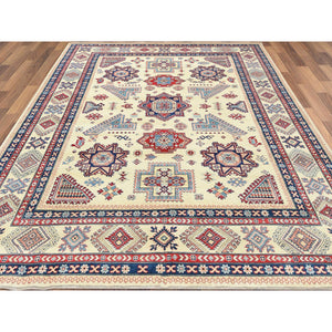 9'1"x11'7" Hand Knotted, Ivory, Caucasian Design, Afghan Special Kazak with Soft Colors, Natural Wool, Oriental Rug FWR369192
