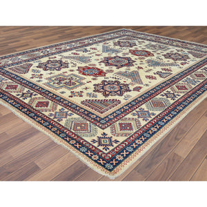 9'1"x11'7" Hand Knotted, Ivory, Caucasian Design, Afghan Special Kazak with Soft Colors, Natural Wool, Oriental Rug FWR369192