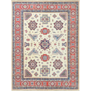 8'10"x11'9" Afghan Special Kazak with Colorful Pattern, Shiny Wool, Hand Knotted, Ivory, Caucasian Design, Oriental Rug FWR369204