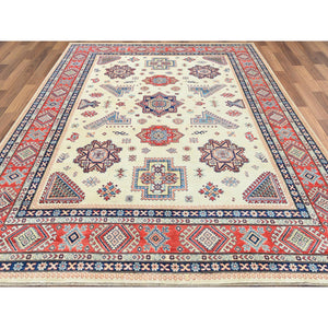 8'10"x11'9" Afghan Special Kazak with Colorful Pattern, Shiny Wool, Hand Knotted, Ivory, Caucasian Design, Oriental Rug FWR369204