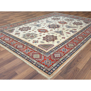 8'10"x11'9" Afghan Special Kazak with Colorful Pattern, Shiny Wool, Hand Knotted, Ivory, Caucasian Design, Oriental Rug FWR369204