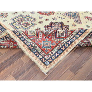 8'10"x11'9" Afghan Special Kazak with Colorful Pattern, Shiny Wool, Hand Knotted, Ivory, Caucasian Design, Oriental Rug FWR369204