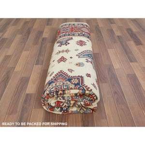 8'10"x11'9" Afghan Special Kazak with Colorful Pattern, Shiny Wool, Hand Knotted, Ivory, Caucasian Design, Oriental Rug FWR369204