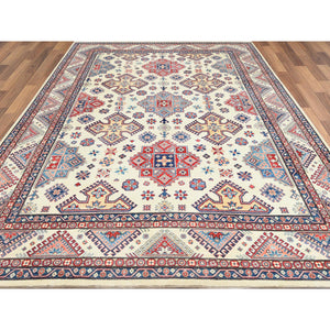 9'10"x13'8" Ivory, Afghan Special Kazak with Geometric Caucasian Design, Extra Soft Wool, Hand Knotted, Oriental Rug FWR369216