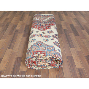 9'10"x13'8" Ivory, Afghan Special Kazak with Geometric Caucasian Design, Extra Soft Wool, Hand Knotted, Oriental Rug FWR369216