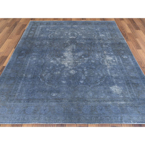 7'2"x10'4" Distressed Worn Wool Shaved Down Hand Knotted Dark Gray Vintage Overdyed Persian Tabriz Oriental Rug FWR369582