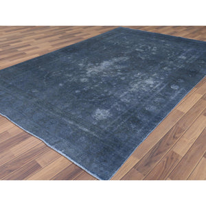 7'2"x10'4" Distressed Worn Wool Shaved Down Hand Knotted Dark Gray Vintage Overdyed Persian Tabriz Oriental Rug FWR369582