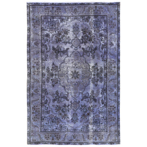 6'5"x9'6" Purple Vintage Overdyed Persian Tabriz with Large Medallion Design Distressed Worn Wool Shaved Down Hand Knotted Oriental Rug FWR369588