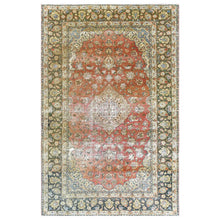 Load image into Gallery viewer, 6&#39;10&quot;x10&#39;6&quot; Apricot Color, Worn Wool, Hand Knotted, Vintage Persian Kashan, Distressed Look, Cropped Thin, Oriental Rug FWR369780