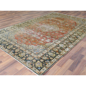 6'10"x10'6" Apricot Color, Worn Wool, Hand Knotted, Vintage Persian Kashan, Distressed Look, Cropped Thin, Oriental Rug FWR369780