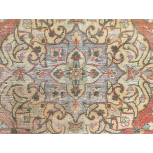 6'10"x10'6" Apricot Color, Worn Wool, Hand Knotted, Vintage Persian Kashan, Distressed Look, Cropped Thin, Oriental Rug FWR369780