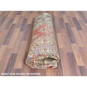 6'10"x10'6" Apricot Color, Worn Wool, Hand Knotted, Vintage Persian Kashan, Distressed Look, Cropped Thin, Oriental Rug FWR369780