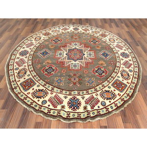 8'x8' Taupe, Afghan Special Kazak with Caucasian Star Design, Hand Knotted, Round, Natural Wool, Oriental Rug FWR370068