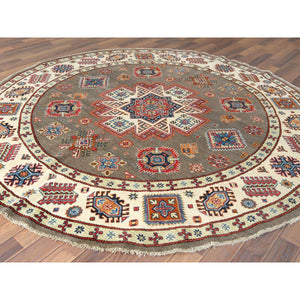 8'x8' Taupe, Afghan Special Kazak with Caucasian Star Design, Hand Knotted, Round, Natural Wool, Oriental Rug FWR370068