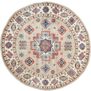 7'10"x7'10" Beige, Caucasian Afghan Special Kazak with Star Design, Round, Hand Knotted, Organic Wool, Oriental Rug FWR370092