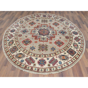 7'10"x7'10" Beige, Caucasian Afghan Special Kazak with Star Design, Round, Hand Knotted, Organic Wool, Oriental Rug FWR370092