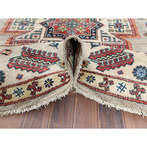 7'10"x7'10" Beige, Caucasian Afghan Special Kazak with Star Design, Round, Hand Knotted, Organic Wool, Oriental Rug FWR370092