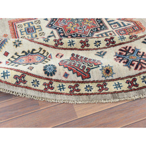 7'10"x7'10" Beige, Caucasian Afghan Special Kazak with Star Design, Round, Hand Knotted, Organic Wool, Oriental Rug FWR370092