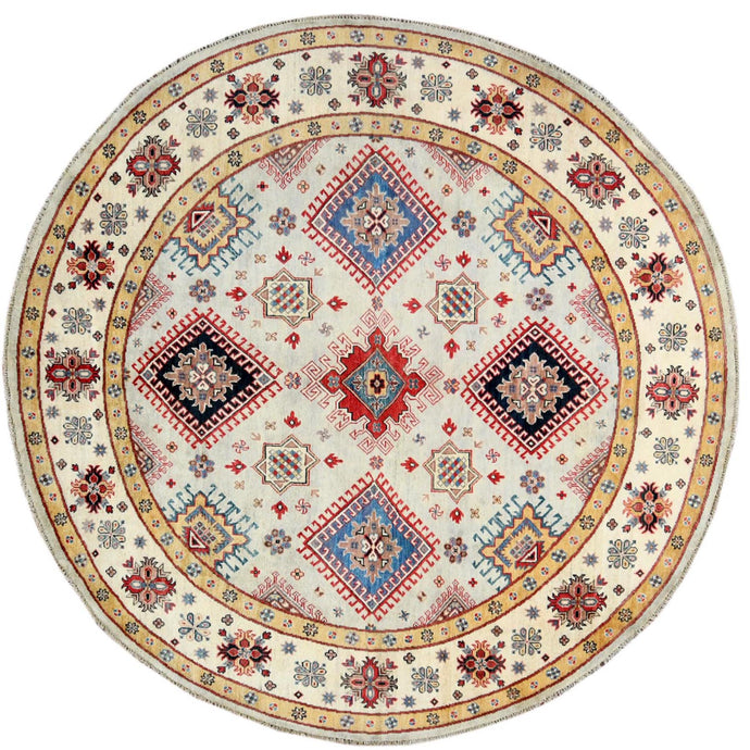 8'x8' Natural Wool, Hand Knotted, Ivory, Afghan Special Kazak with Caucasian Star Design, Oriental, Round Rug FWR370182