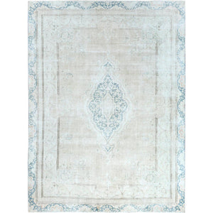 8'3"x11'1" Hand Knotted, Ivory, Vintage, Persian Kerman, Distressed Look, Worn Wool, Shaved Down, Oriental Rug FWR370248