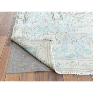 9'1"x13'4" Vintage Persian Kerman, Distressed Look, Worn Wool, Sheared Low, Hand Knotted, Ivory, Oriental Rug FWR370272