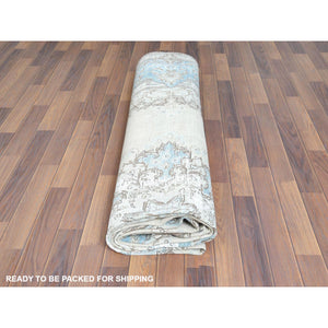 9'1"x13'4" Vintage Persian Kerman, Distressed Look, Worn Wool, Sheared Low, Hand Knotted, Ivory, Oriental Rug FWR370272