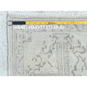 9'6"x12'5" Shaved Down, Hand Knotted, Ivory, Vintage Persian Kerman, Distressed Look, Worn Wool, Oriental Rug FWR370758