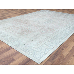9'8"x12'10" Worn Wool, Sheared Low, Hand Knotted, Ivory, Vintage Persian Kerman, Distressed Look, Oriental Rug FWR370770