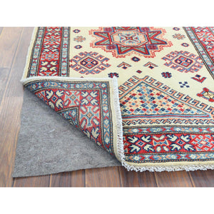 3'x4'6" Vibrant Wool, Hand Knotted, Ivory, Caucasian Design, Afghan Special Kazak with Large Medallion, Oriental Rug FWR370848