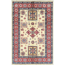 Load image into Gallery viewer, 3&#39;x4&#39;7&quot; Afghan Special Kazak with Colorful Pattern, Natural Wool, Hand Knotted, Ivory, Caucasian Design, Oriental Rug FWR370854