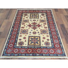 Load image into Gallery viewer, 3&#39;x4&#39;7&quot; Afghan Special Kazak with Colorful Pattern, Natural Wool, Hand Knotted, Ivory, Caucasian Design, Oriental Rug FWR370854