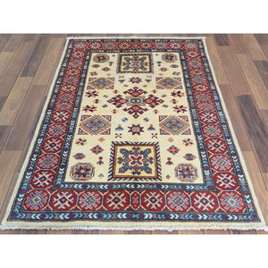 3'x4'7" Afghan Special Kazak with Colorful Pattern, Natural Wool, Hand Knotted, Ivory, Caucasian Design, Oriental Rug FWR370854