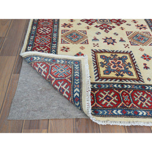 3'x4'7" Afghan Special Kazak with Colorful Pattern, Natural Wool, Hand Knotted, Ivory, Caucasian Design, Oriental Rug FWR370854