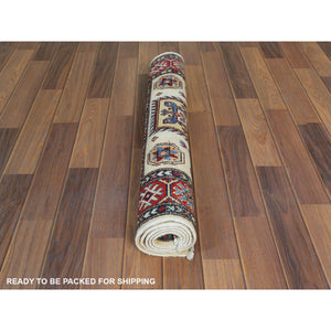 3'x4'7" Afghan Special Kazak with Colorful Pattern, Natural Wool, Hand Knotted, Ivory, Caucasian Design, Oriental Rug FWR370854