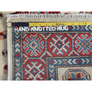 3'x4'7" Afghan Special Kazak with Colorful Pattern, Natural Wool, Hand Knotted, Ivory, Caucasian Design, Oriental Rug FWR370854