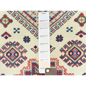3'x4'8" Caucasian Design, Afghan Special Kazak with Large Medallion, Shiny Wool, Hand Knotted, Ivory, Oriental Rug FWR370860