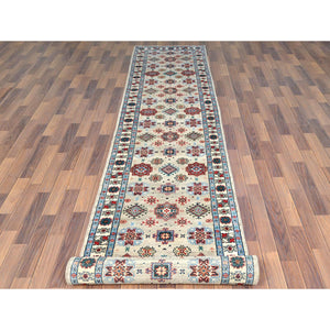 2'10"x19'4" Hand Knotted, Taupe, Caucasian Design, Afghan Special Kazak with All Over Design, Pure Wool, Oriental XL Runner Rug FWR370962