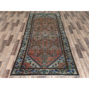 3'9"x9'9" Sunset Colors, Vintage Persian Husainabad Abrash Cropped Thin, Distressed Look Worn Wool Hand Knotted, Wide Runner Oriental Rug FWR371160