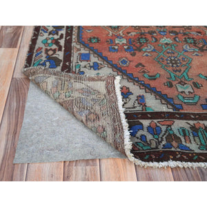 3'9"x9'9" Sunset Colors, Vintage Persian Husainabad Abrash Cropped Thin, Distressed Look Worn Wool Hand Knotted, Wide Runner Oriental Rug FWR371160
