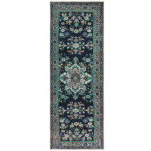 Load image into Gallery viewer, 3&#39;4&quot;x9&#39;8&quot; Navy Blue, Worn Wool Hand Knotted Vintage Persian Bakhtiar, Sheared Low Distressed Look, Wide Runner Oriental Rug FWR371166